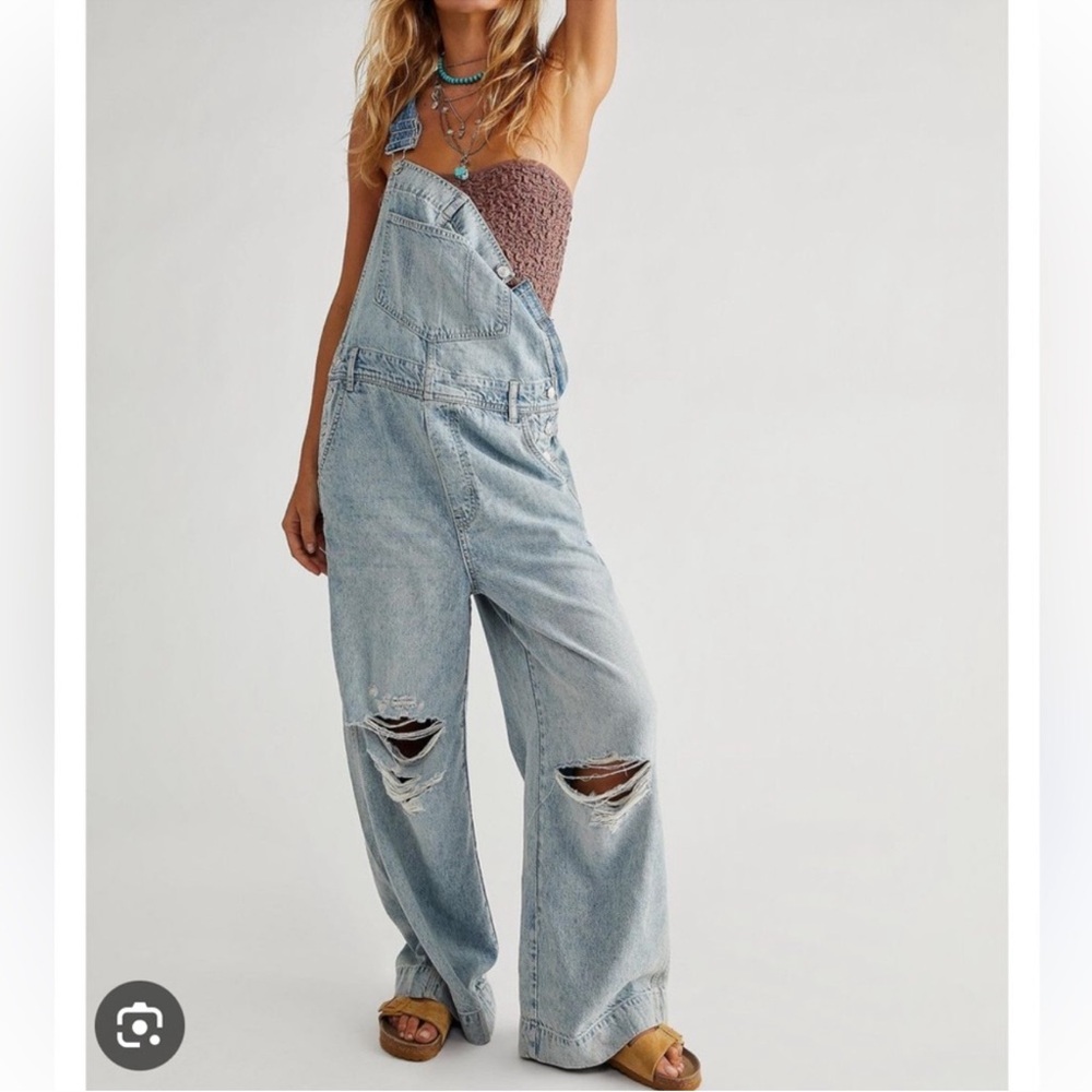 We the free Women's Light Blue Distressed Denim Overalls